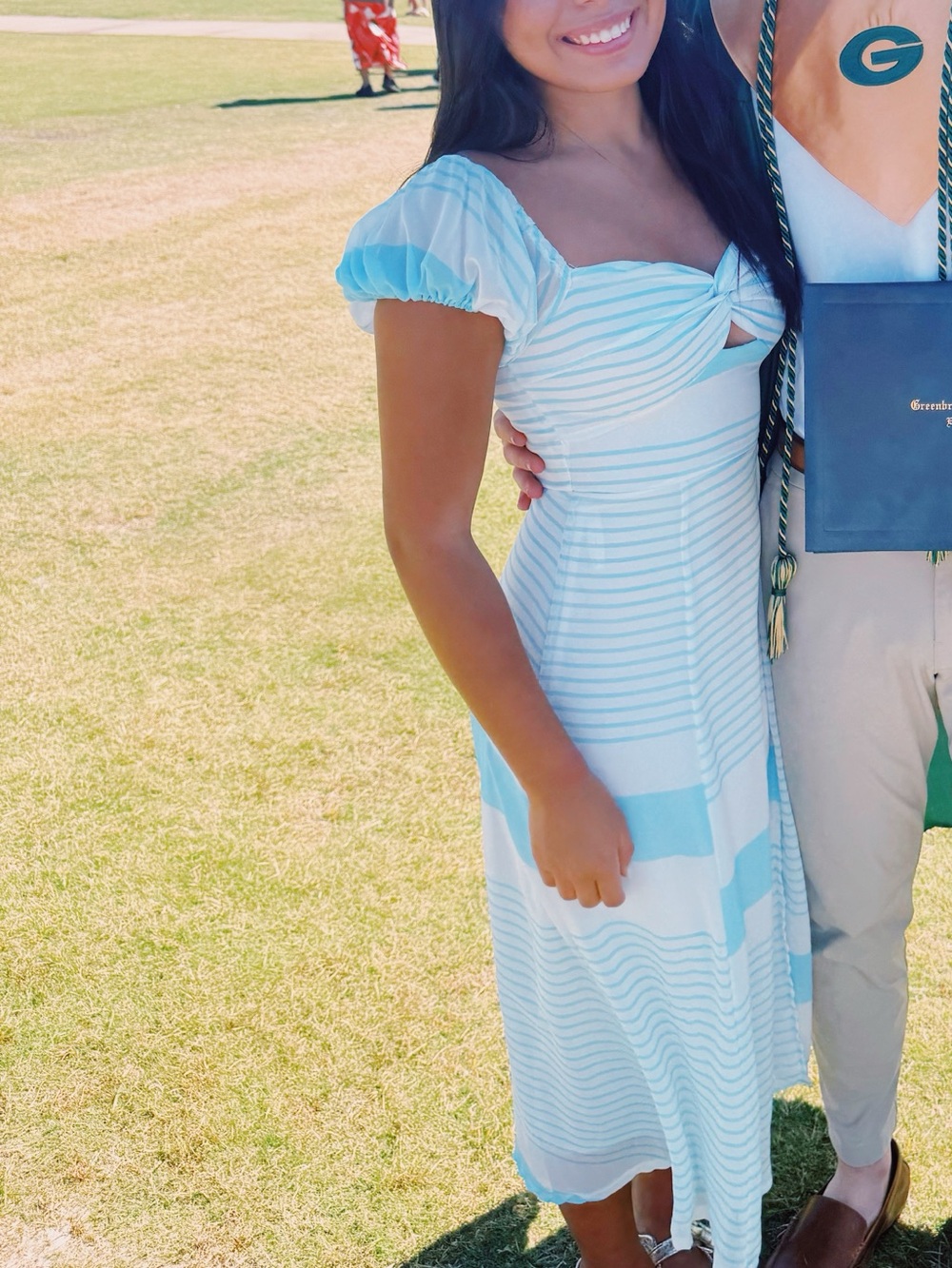 Light Blue Striped Puff-Sleeve Midi Dress - Casual Summer
